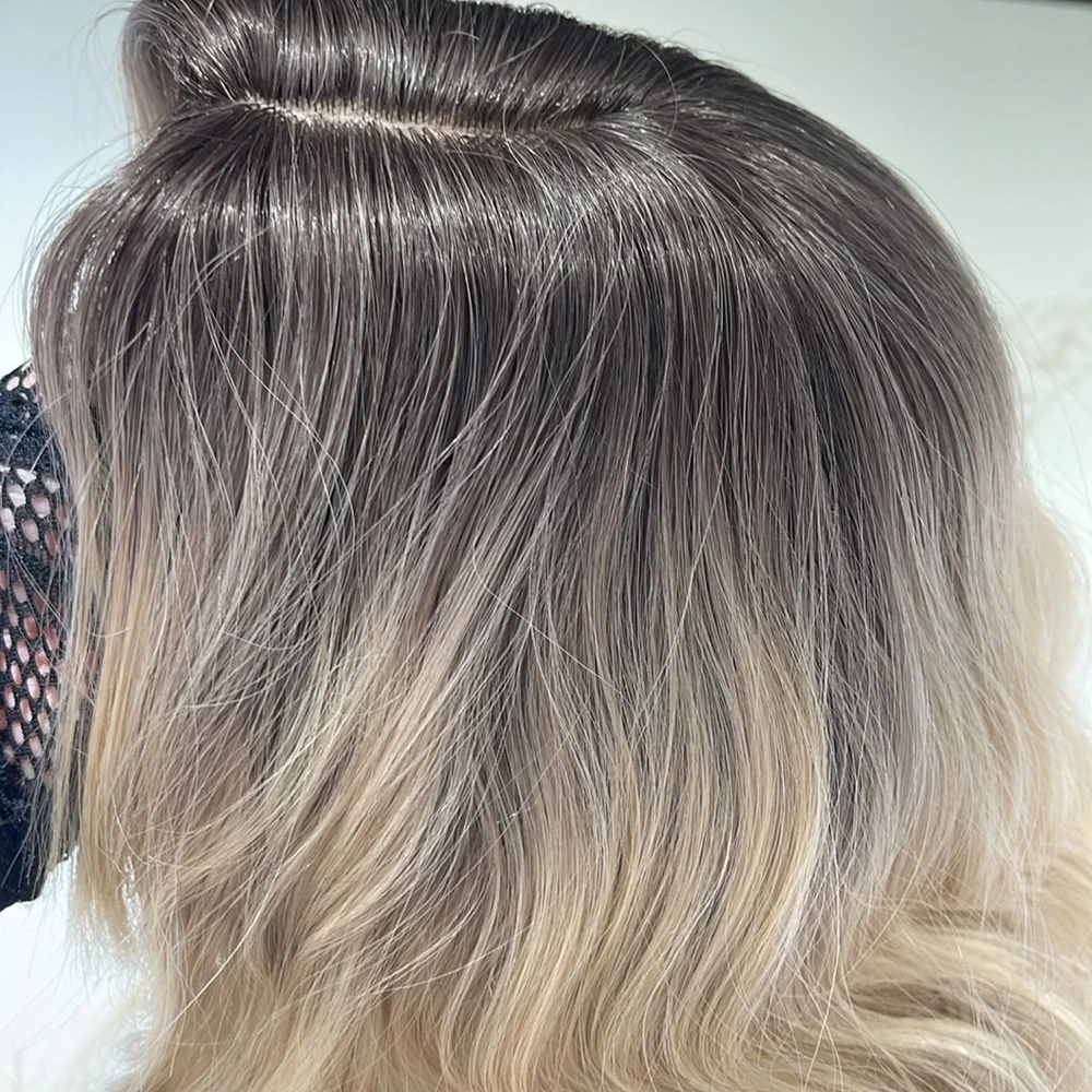 HAIR, 16” Wavy, Center Part, Curtain Bangs, with Eyelashes Ombre to Blonde - Picture 5 of 12